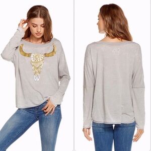Chaser Gray Dolman Sleeve Golden Cow Skull Long Sleeve T-Shirt L